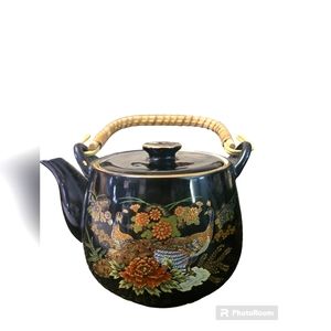 Vintage Japanese teapot w/ rattan handle colorful floral & peacock scene